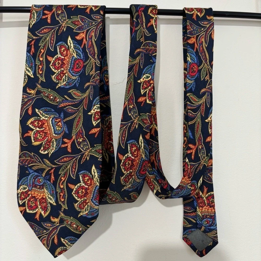 Emilio Sandrini Kreymborg Vintage Navy Orange 100% silk paisley brocade Neck Tie